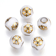 Christmas Opaque Glass Beads, Round with Electroplate Snowflake Pattern, Golden Plated, 10mm, Hole: 1.2mm(X-EGLA-R113-01C)