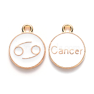 Alloy Enamel Pendants, Cadmium Free & Lead Free, Flat Round with Constellation, Light Gold, White, Cancer, 22x18x2mm, Hole: 1.5mm(X-ENAM-S124-01A-04D)