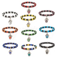 Synthetic Turquoise(Dyed) & Lampwork Evil Eye Round Beaded Stretch Bracelet with Hamsa Hand Charm for Women, Mixed Color, Inner Diameter: 2-1/4 inch(5.7cm)(BJEW-JB07836)