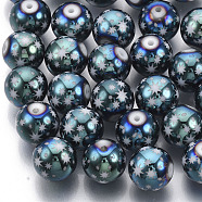 Christmas Electroplate Glass Beads, Round with Star Pattern, Green Plated, 10mm, Hole: 1.2mm(X-EGLA-R113-07E)