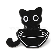 Black Cat with Bowl Alloy Enamel Brooch, Pin for Backpack Clothes, Electrophoresis Black, 29x31x1.5mm(JEWB-E022-04EB-03)