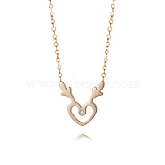 Deer Antler Heart Stainless Steel Rhinestone Pendant Necklaces, Rose Gold, 17.72 inch(45cm)(DZ8057)