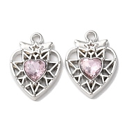 Eco-Friendly Alloy Pendants, with Glass, Heart, Platinum, Pink, 20x15x4mm, Hole: 1.6mm(PALLOY-M215-11P-01)