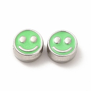 Rack Plating Alloy Enamel Beads, Cadmium Free & Nickel Free & Lead Free, Flat Round with Smiling Face Pattern, Platinum, Spring Green, 7.5x4mm, Hole: 2mm(FIND-G051-01P-03)