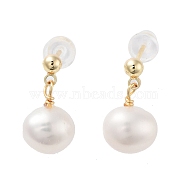 Natural Pearl Stud Earrings, Brass Earrings with 925 Sterling Silver Pins, Real 14K Gold Plated, 14~15x7~8mm(EJEW-P256-80G)