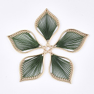 Cotton Thread Woven Pendants, with Alloy Findings, Leaf, Golden, Dark Green, 43x26.5x2mm, Hole: 1.8mm(X-FIND-S306-03D)