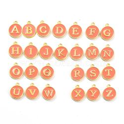 Initial Letter A~Z Alphabet Enamel Charms, Flat Round Disc Double Sided Charms, Golden Plated Enamelled Sequins Alloy Charms, Hot Pink, 14x12x2mm, Hole: 1.5mm, 26pcs/set(ENAM-Q437-11)