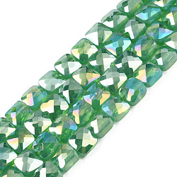 Electroplate Opaque Solid Color Glass Beads Strands, AB Color Plated, Faceted, Square, Sea Green, 6.5x6.5x4.5mm, Hole: 1.2mm, about 97~99Pcs/strand, 25 inch(63.5cm)(EGLA-N002-43-04)