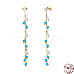 Dyed Natural Turquoise & Pearl Dangle Stud Earrings, 925 Sterling Silver Tassel Earrings, with S925 Stamp, Real 14K Gold Plated, 65mm(EJEW-G369-02G)
