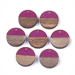 Resin & Walnut Wood Pendants, Flat Round, Medium Violet Red, 14~15x3~4mm, Hole: 1.8mm(RESI-S358-02E-11)