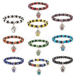 Synthetic Turquoise & Lampwork Evil Eye Round Beaded Stretch Bracelet with Hamsa Hand Charm for Women, Mixed Color, Inner Diameter: 2-1/4 inch(5.7cm)(BJEW-JB07836)