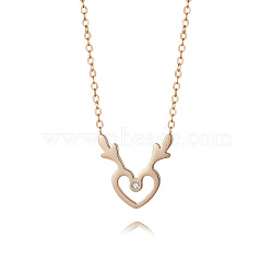 Deer Antler Heart Stainless Steel Rhinestone Pendant Necklaces, Rose Gold, 17.72 inch(45cm)(DZ8057)