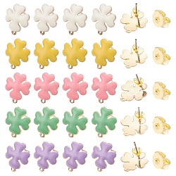 SUNNYCLUE 40Pcs 6 Style Iron Enamel Stud Earring Findings, with Raw(Unplated) Pin and Loop, Clover, Light Gold, Brass Ear Nuts, Mixed Color, 16x13.5x2.5mm, Hole: 1mm, Pin: 1mm, 5 Color, 4pcs/color(IFIN-SC0001-33)