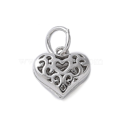 925 Sterling Silver 3D Hollow Flower Heart Charms, with Jump Rings and 925 Stamp, Rhodium Plated, Platinum, 9x9.5x3.5mm, Hole: 4.8mm(STER-M099-02P)