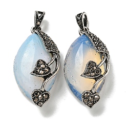 Opalite Horse Eye Pendants, Rack Plating Alloy Rhinestone Heart Leaf Charms, Antique Silver, Cadmium Free & Lead Free, 31x16x11.5mm, Hole: 5x3mm(G-F766-01AS-07)