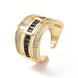 Cubic Zirconia Belt Buckle Shape Open Cuff Ring, Real 18K Gold Plated Brass Triple Line Wide Ring for Women, Cadmium Free & Nickel Free & Lead Free, Black, US Size 7 3/4(17.9mm)(RJEW-P035-04G-02)