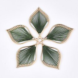 Cotton Thread Woven Pendants, with Alloy Findings, Leaf, Golden, Dark Green, 43x26.5x2mm, Hole: 1.8mm(X-FIND-S306-03D)