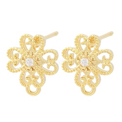 Brass Micro Pave Clear Cubic Zirconia Stud Earring Findings, with Loop, Flower, Real 18K Gold Plated, 11.5x9.5mm, Hole: 1.2mm, Pin: 0.8x11.5mm(KK-Z099-01G-01)