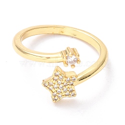Brass Micro Pave Clear Cubic Zirconia Cuff Rings, Open Rings, Long-Lasting Plated, Star, Real 18K Gold Plated, US Size 7 1/4(17.5mm), Inner Diameter: 17.5mm(RJEW-F114-03G)