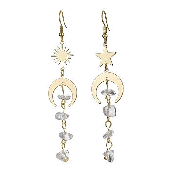 Moon & Sun & Star Brass Asymmetrical Earrings, Natural Quartz Crystal Chips Tassel Earrings, 76~85x18mm