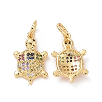 Brass Micro Pave Colorful Cubic Zirconia Pendants, with Jump Ring, Tortoise Charms, Golden, 16x10x3mm, Hole: 3.5mm
