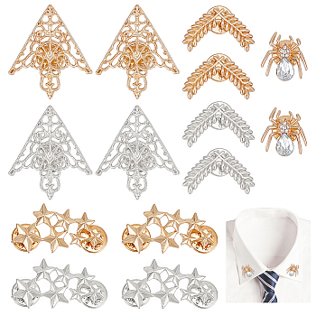 Elite 14Pcs 7 Style Star & Flower & Wheat & Spider Alloy Brooch Pins with Crystal Rhinestone, Shirt Collar Badges Clips, Mixed Color, 18~40x18.5~40x1.5~5mm, 2Pcs/style