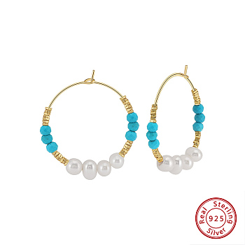 Synthetic Turquoise & Natural Freshwater Pearl & 925 Sterling Silver Hoop Earrings for Women, Real 14K Gold Filled, 30.5x26.5x5.5mm