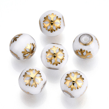 Christmas Opaque Glass Beads, Round with Electroplate Snowflake Pattern, Golden Plated, 10mm, Hole: 1.2mm