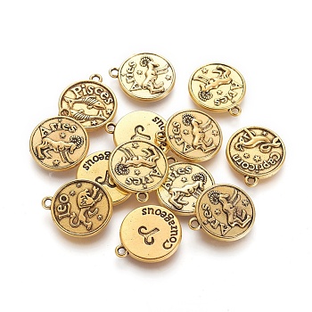 Tibetan Style Alloy Pendants, Cadmium Free & Lead Free, Flat Round with Mixed Constellation/Zodiac Sign, Antique Golden, 20x17x2mm, Hole: 2mm