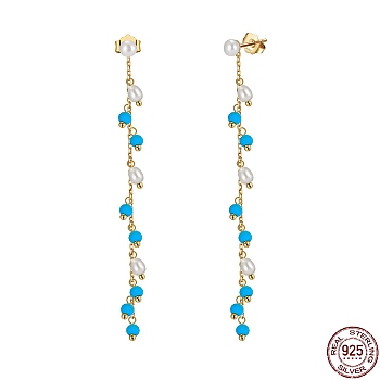 Dyed Natural Turquoise & Pearl Dangle Stud Earrings, 925 Sterling Silver Tassel Earrings, with S925 Stamp, Real 14K Gold Plated, 65mm