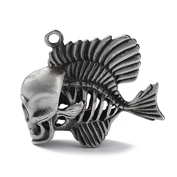 Tibetan Style Alloy Pendant, Frosted, Fish with Skull Charm, Antique Silver, 40x44x13mm, Hole: 3mm