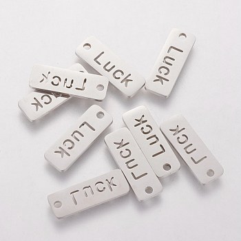 201 Stainless Steel Pendants, Rectangle with Word Luck, Stainless Steel Color, 17x6x1.2mm, Hole: 1mm