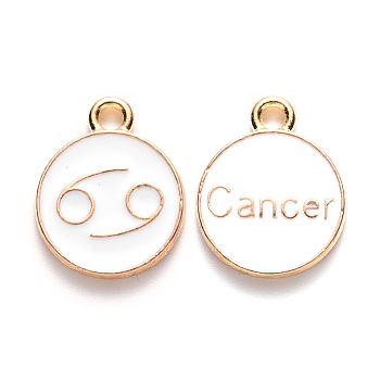 Alloy Enamel Pendants, Cadmium Free & Lead Free, Flat Round with Constellation, Light Gold, White, Cancer, 22x18x2mm, Hole: 1.5mm