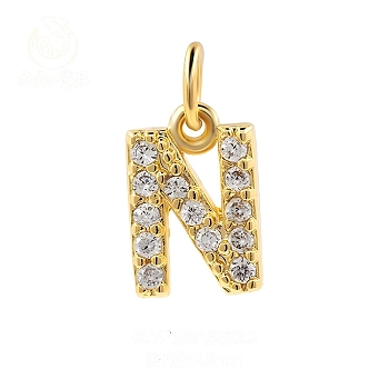 Brass Cubic Zirconia Pendants with Jump Rings, Real 18K Gold Plated, Letter N, 14x8x2.2mm, Hole: 2.8mm