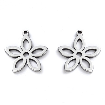 Tarnish Resistant 304 Stainless Steel Pendants, Laser Cut, Flower, Stainless Steel Color, 16x15x1mm, Hole: 1.2mm