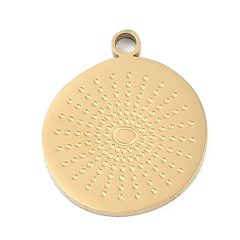 304 Stainless Steel Pendants, Flat Round Charm, Ion Plating(IP), Real 18K Gold Plated, 17x14.5x1.5mm, Hole: 1.8mm