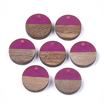 Resin & Walnut Wood Pendants, Flat Round, Medium Violet Red, 14~15x3~4mm, Hole: 1.8mm