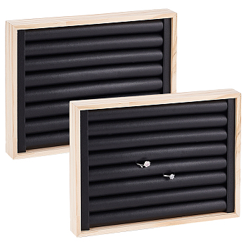 Wood Ring Display Boards, Covered by PU Leather, Rectangle, Black, 24.1x18x3.1cm