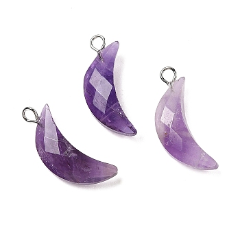 Natural Amethyst Pendants, with Brass Findings, Faceted, Moon Charms, 23x10x6mm, Hole: 2mm