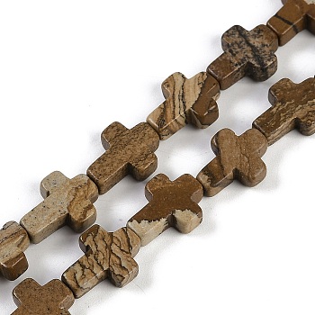 Natural Picture Jasper Beads Strands, Cross, 15x11.5x4.5mm, Hole: 0.7mm, about 25pcs/strand, 15.75''(40cm)