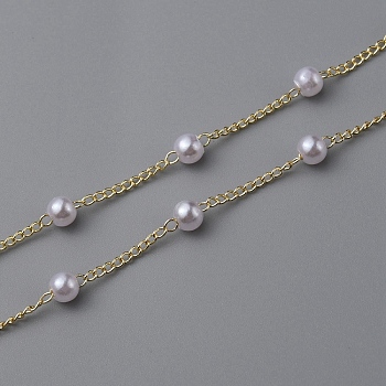 Brass Curb Chains, with Imitation Pearl Beads, Soldered, Round, Golden, 2x1.3x0.2mm, about 32.81 Feet(10m)/Roll