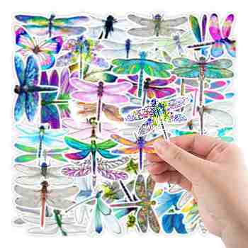 Waterproof PVC Adhesive Sticker Lables, for Suitcase, Skateboard, Refrigerator, Helmet, Mobile Phone Shell, Computer, Cup, Dragonfly Pattern, 50~80x50~80mm, about 50pcs/bag
