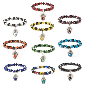 Synthetic Turquoise(Dyed) & Lampwork Evil Eye Round Beaded Stretch Bracelet with Hamsa Hand Charm for Women, Mixed Color, Inner Diameter: 2-1/4 inch(5.7cm)