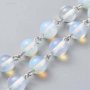 Handmade Opalite Round Beaded Chains, Unwelded, with Platinum Plated Iron Eye Pins, 39.37 inch(100cm), Beads: 8~8.5mm, 1m/strand