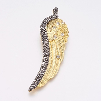 Alloy Big Pendants, with Polymer Clay Rhinestone, Wing, Golden, 87x24.5x5mm, Hole: 3x4mm