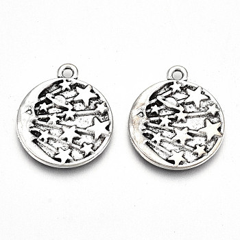 Tibetan Style Alloy Pendants, Lead Free & Cadmium Free, Flat Round with Moon & Star, Antique Silver, 22.5x19x2mm, Hole: 1.8mm