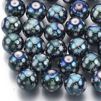 Christmas Electroplate Glass Beads, Round with Star Pattern, Green Plated, 10mm, Hole: 1.2mm