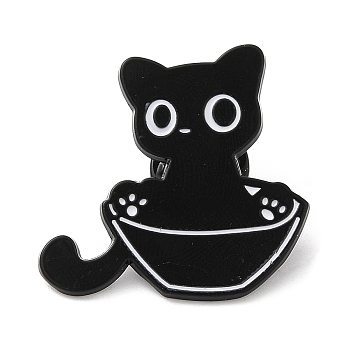 Black Cat with Bowl Alloy Enamel Brooch, Pin for Backpack Clothes, Electrophoresis Black, 29x31x1.5mm