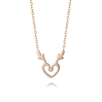 Deer Antler Heart Stainless Steel Rhinestone Pendant Necklaces, Rose Gold, 17.72 inch(45cm)