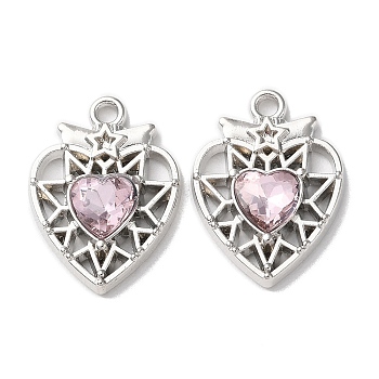 Eco-Friendly Alloy Pendants, with Glass, Heart, Platinum, Pink, 20x15x4mm, Hole: 1.6mm